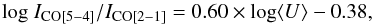 \begin{equation} {\rm log}\ I_{\rm CO[5{-}4]}/I_{\rm CO[2{-}1]} = 0.60\times {\rm log} \langle U\rangle- 0.38 \label{eq:U} , \end{equation}