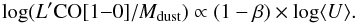 \begin{equation} {\rm log}(L'{\rm CO}[1{-}0]/M_{\rm dust})\propto (1-\beta)\times{\rm log}\langle U\rangle \label{eq:XU} . \end{equation}