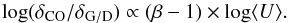 \begin{equation} {\rm log}(\delta_{\rm CO} / \delta_{\rm G/D}) \propto (\beta-1)\times {\rm log} \langle U\rangle \label{eq:delta} . \end{equation}