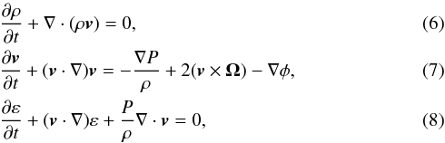 \begin{eqnarray} &&\frac{\partial \rho}{\partial t} + \nabla \cdot (\rho {\vec v}) = 0, \\ &&\frac{\partial \vec{v}}{\partial t} + (\vec{v} \cdot \nabla) {\vec v} = - \frac{\nabla P}{\rho} + 2 ({\vec v} \times \vec{\Omega}) - \nabla \phi, \\ &&\frac{\partial \varepsilon}{\partial t} + ({\vec v} \cdot \nabla) \varepsilon + \frac{P}{\rho} \nabla \cdot {\vec v} = 0, \end{eqnarray}