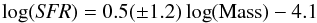 \begin{equation} \log({\textit{SFR}})=0.5(\pm1.2)\log({\rm Mass})-4.1 \end{equation}