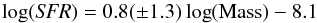 \begin{equation} \log({\textit{SFR}})=0.8(\pm1.3)\log({\rm Mass})-8.1 \end{equation}