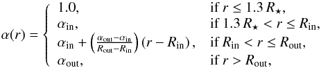 \appendix \setcounter{section}{1} \begin{equation} \label{eqn:polytropicindex} \alpha (r) = \left \{ \begin{array}{ll} 1.0, & \text{if } r \le 1.3\, R_\star,\\ \alpha_{\text{in}}, & \text{if } 1.3 \,R_\star < r \le R_{\text{in}},\\ \alpha_{\text{in}} + \left( \frac{\alpha_{\text{out}} - \alpha_{\text{in}}}{R_{\text{out}} - R_{\text{in}}} \right) \left( r - R_{\text{in}} \right), & \text{if } R_{\text{in}} < r \le R_{\text{out}},\\ \alpha_{\text{out}}, & \text{if } r > R_{\text{out}}, \end{array} \right. \end{equation}