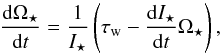 \begin{equation} \label{eqn:angularmomentumall} \frac{{\rm d}\Omega_\star}{{\rm d}t} = \frac{1}{I_\star} \left( \tau_{\text{w}} - \frac{{\rm d}I_\star}{{\rm d}t} \Omega_\star \right), \end{equation}
