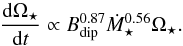 \begin{equation} \label{eqn:a_derivation2} \frac{{\rm d}\Omega_\star}{{\rm d}t} \propto B_{\text{dip}}^{0.87} \dot{M}_\star^{0.56} \Omega_\star. \end{equation}