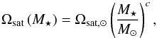 \begin{equation} \label{eqn:saturation} \Omega_{\text{sat}} \left( M_\star \right) = \Omega_{\text{sat},\odot} \left( \frac{M_\star}{M_\odot} \right)^c, \end{equation}