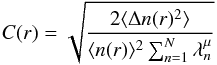 \begin{equation} C(r) = \sqrt{\frac{2\langle \Delta n(r)^2 \rangle}{\langle n(r) \rangle^2\sum_{n=1}^N\lambda_n^{\mu}}} \end{equation}