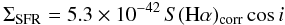 \begin{eqnarray} \begin{split} \Sigma{\rm_{SFR}} & = 5.3 \times 10^{-42}\,S({\rm H\alpha)_{corr}}\,{\rm cos}\,i & \label{sfr-halpha} \end{split} \end{eqnarray}