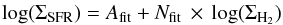 \begin{eqnarray} {\rm log}(\Sigma{\rm_{SFR}}) = A_{\rm fit} + N_{\rm fit}\,\times\, {\rm log}(\Sigma_{\rm H_2}) \label{log} \end{eqnarray}