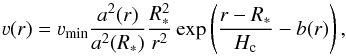 \begin{equation} \label{eq:vsol} \varv(r) = \varv_\text{min} \frac{a^2(r)}{a^2(R_\ast)} \frac{R_\ast^2}{r^2} \exp\left( \frac{r - R_\ast}{H_\text{c}} - b(r) \right) , \end{equation}