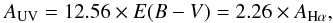 \begin{equation} A_{\rm UV} = 12.56 \times E (B-V) = 2.26 \times A_{\rm H\alpha}, \end{equation}