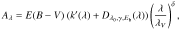 \begin{equation} \label{eq:attlaw} A_\lambda = {E(B-V)}~ (k'(\lambda) + D_{\lambda_0,\gamma,E_ {\rm b}}(\lambda)) \left(\lambda \over {\lambda_V} \right)^{\delta}, \end{equation}