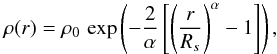 \begin{equation} \rho(r)= \rho_{0}\,\exp \left( -\frac{2}{\alpha} \left[ \left(\frac{r}{R_{s}}\right)^{\alpha} -1 \right]\right), \end{equation}