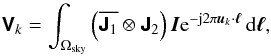\begin{equation} \label{eq:fullpolresponse} \Matrix{V}_{k} = \int_{\Omega_{\mathrm{sky}}} \left( \Conjugate{\Matrix{J}_{1}} \Kronecker \Matrix{J}_{2} \right) \vec{I} {\rm e}^{-{\rm j}2\pi \vec{{u}}_{k} \cdot \Vector{\ell}} \dee{\Vector{\ell}}, \end{equation}