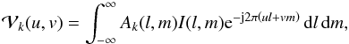 \begin{equation} \label{eq:fourtrans} \mathcal{V}_{k}(u,v) = \int_{-\infty}^{\infty} A_{k}(l,m)I(l,m) {\rm e}^{-{\rm j}2\pi\left(ul + vm\right)}\dee{l}\dee{m}, \end{equation}