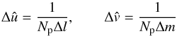 \begin{equation} \label{eq:grid} \Delta \Grid{u} = \frac{1}{N_{\rm p}\Delta l}, \qquad \Delta \Grid{v} = \frac{1}{N_{\rm p}\Delta m} \end{equation}
