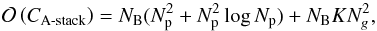 \begin{equation} \label{eq:beammodelcost} \BigO{C_{\text{A-stack}}} = N_{\rm B}(N_{\rm p}^2 + N_{\rm p}^2\log N_{\rm p}) + N_{\rm B}KN_g^2, \end{equation}