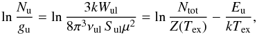 \begin{equation} \label{equ-rd} \ln \frac{N_{\rm u}}{g_{\rm u}} = \ln \frac{3kW_{\rm ul}}{8\pi^3\nu_{\rm ul}\,S_{\rm ul}\mu^2} = \ln \frac{\ntot}{Z(\texc)} - \frac{\eu}{k\texc} , \end{equation}