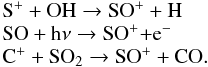 \begin{equation} \label{eq-so+} \begin{array}{l l} \mathrm{S^+ + OH \raw SO^+ + H} & \\ \mathrm{SO + h\nu \raw SO^+ +} {\rm e}^- & \\ \mathrm{C^+ + SO_2 \raw SO^+ + CO} .& \\ \end{array} \end{equation}