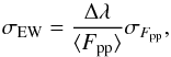 \begin{equation} \sigma_{\rm EW} = \frac{\Delta \lambda}{\langle F_{\rm pp}\rangle}\sigma_{F_{\rm pp}} , \end{equation}