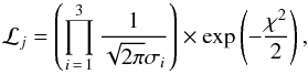 \begin{eqnarray} {\cal L}_j = \left( \prod_{i\,=\,1}^3 \frac{1}{\sqrt{2 \pi} \sigma_i} \right) \times \exp \left( -\frac{\chi^2}{2} \right) \label{eq:lik} , \end{eqnarray}