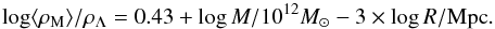 \begin{equation} \log \langle \rho_{\mathrm{M}}\rangle/\rho_{\Lambda} = 0.43 + \log M/10^{12}M_\odot - 3 \times \log R/\mathrm{Mpc} . \end{equation}
