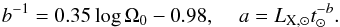 \begin{equation} b^{-1} = 0.35\log \Omega_0 - 0.98 , \hspace{4mm} a = L_{\mathrm{X}, \odot}t_\mathrm{\odot}^{-b}. \end{equation}