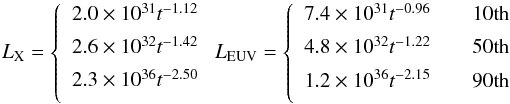 \begin{equation} L_{\rm X} = \left\{ \begin{array}{l} 2.0\times 10^{31} t^{-1.12} \\[0.15cm] 2.6\times 10^{32} t^{-1.42} \\[0.15cm] 2.3\times 10^{36} t^{-2.50} \\[0.15cm] \end{array} \right. L_{\rm EUV} = \left\{ \begin{array}{l l} 7.4\times 10^{31} t^{-0.96} & \quad \text{10th}\\[0.15cm] 4.8\times 10^{32} t^{-1.22} & \quad \text{50th}\\[0.15cm] 1.2\times 10^{36} t^{-2.15} & \quad \text{90th}\\[0.15cm] \end{array} \right. \nonumber \end{equation}