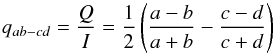 \appendix \setcounter{section}{1} \begin{equation} q_{ab-cd}= \frac{Q}{I} = \frac{1}{2}\left(\frac{a-b}{a+b} - \frac{c-d}{c+d}\right) \end{equation}