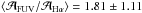 \hbox{$\left<\mathcal{A}\mathrm{_{FUV}}/\mathcal{A}\mathrm{_{H\alpha}}\right>=1.81\pm1.11$}