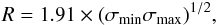 \begin{eqnarray} \label{eq:def:radius} R=1.91 \times (\sigma_{\rm min}\sigma_{\rm max})^{1/2}, \end{eqnarray}