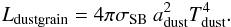 \begin{eqnarray} \label{ldust} L_{\rm dustgrain} = 4\pi \sigma_{\rm SB}\ a_{\rm dust}^2 T_{\rm dust}^4 . \end{eqnarray}