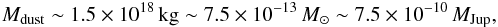 \begin{eqnarray*} M_{\rm dust} \sim 1.5 \times 10^{18}\, {\rm kg} \sim 7.5\times 10^{-13}\, M_\odot \sim 7.5\times 10^{-10}\,M_{\rm Jup}, \end{eqnarray*}