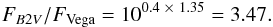 \appendix \setcounter{section}{4} \begin{eqnarray*} F_{B2V}/F_{\rm Vega} = 10^{0.4~\times~1.35} = 3.47. \end{eqnarray*}