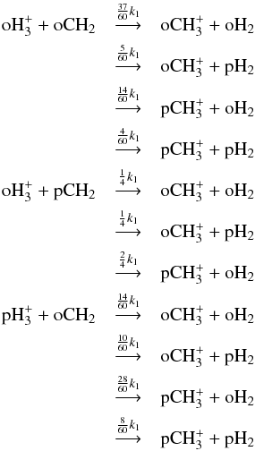 \begin{eqnarray} {\rm oH_3^+} + {\rm oCH_2} &\mathop{\longrightarrow}\limits^{\frac{37}{60}k_1}& {\rm oCH_3^+} + {\rm oH_2} \nonumber \\ &\mathop{\longrightarrow}\limits^{\frac{5}{60}k_1}& {\rm oCH_3^+} + {\rm pH_2} \nonumber \\ &\mathop{\longrightarrow}\limits^{\frac{14}{60}k_1}& {\rm pCH_3^+} + {\rm oH_2} \nonumber \\ &\mathop{\longrightarrow}\limits^{\frac{4}{60}k_1}& {\rm pCH_3^+} + {\rm pH_2} \nonumber \\ {\rm oH_3^+} + {\rm pCH_2} &\mathop{\longrightarrow}\limits^{\frac{1}{4}k_1}& {\rm oCH_3^+} + {\rm oH_2} \nonumber \\ &\mathop{\longrightarrow}\limits^{\frac{1}{4}k_1}& {\rm oCH_3^+} + {\rm pH_2} \nonumber \\ &\mathop{\longrightarrow}\limits^{\frac{2}{4}k_1}& {\rm pCH_3^+} + {\rm oH_2} \nonumber \\ {\rm pH_3^+} + {\rm oCH_2} &\mathop{\longrightarrow}\limits^{\frac{14}{60}k_1}& {\rm oCH_3^+} + {\rm oH_2} \nonumber \\ &\mathop{\longrightarrow}\limits^{\frac{10}{60}k_1}& {\rm oCH_3^+} + {\rm pH_2} \nonumber \\ &\mathop{\longrightarrow}\limits^{\frac{28}{60}k_1}& {\rm pCH_3^+} + {\rm oH_2} \nonumber \\ &\mathop{\longrightarrow}\limits^{\frac{8}{60}k_1}& {\rm pCH_3^+} + {\rm pH_2} \nonumber \end{eqnarray}