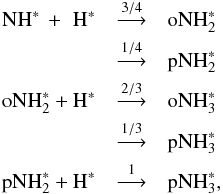 \begin{eqnarray*} \rm NH^{\ast} \,+ \,\, H^{\ast} &\mathop{\longrightarrow}\limits^{3/4}& \rm oNH_2^{\ast} \\ &\mathop{\longrightarrow}\limits^{1/4}& \rm pNH_2^{\ast} \\ \rm oNH_2^{\ast} + H^{\ast} &\mathop{\longrightarrow}\limits^{2/3}& \rm oNH_3^{\ast} \\ &\mathop{\longrightarrow}\limits^{1/3}& \rm pNH_3^{\ast} \\ \rm pNH_2^{\ast} + H^{\ast} &\mathop{\longrightarrow}\limits^{1}& \rm pNH_3^{\ast} , \end{eqnarray*}
