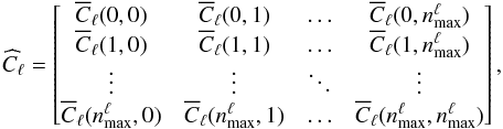 \begin{equation} \widehat{C}_\ell = \left[\begin{matrix} \overline{C}_\ell(0,0) & \overline{C}_\ell(0,1) & \ldots & \overline{C}_\ell(0,n_{\max}^{\ell}) \\ \overline{C}_\ell(1,0) & \overline{C}_\ell(1,1) & \ldots & \overline{C}_\ell(1,n_{\max}^{\ell}) \\ \vdots& \vdots &\ddots &\vdots\\ \overline{C}_\ell(n_{\max}^\ell,0) & \overline{C}_\ell(n_{\max}^\ell,1) & \ldots & \overline{C}_\ell(n_{\max}^{\ell},n_{\max}^{\ell}) \end{matrix}\right], \end{equation}
