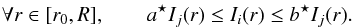 \begin{eqnarray} \forall r \in [r_0,R], \qquad \abis I_j(r) \leq I_i(r) \leq \bbis I_j(r). \label{eq:inequalities_integrated_kernels_bis} \end{eqnarray}