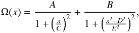 \begin{eqnarray} \Omega(x) = \frac{A}{1 + \left(\frac{x}{C}\right)^2} + \frac{B}{1 + \left(\frac{x^2-D^2}{E^2}\right)^2}, \label{eq:rota_profile_forward} \end{eqnarray}