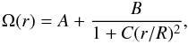 \begin{eqnarray} \Omega(r) = A + \frac{B}{1 + C(r/R)^2}, \label{eq:rotation_profile} \end{eqnarray}