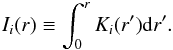 \begin{eqnarray} I_i(r) \equiv \int_0^r K_i(r') \mathrm{d}r'. \label{eq:integrated_kernels} \end{eqnarray}