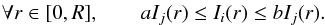 \begin{eqnarray} \forall r \in [0, R], \qquad a I_j(r) \leq I_i(r) \leq b I_j(r). \label{eq:inequalities_integrated_kernels} \end{eqnarray}
