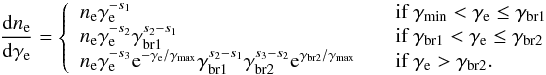 \begin{equation} \label{e_eq1} \frac{{\rm d}n_{\rm e}}{{\rm d}\gamma_{\rm e}} = \left\{\begin{array}{ll} n_{\rm e}\gamma_{\rm e}^{-s_1} & \!\!\quad \textrm{ if } \gamma_{\rm min}<\gamma_{\rm e}\le\gamma_{\rm br1}\\ n_{\rm e}\gamma_{\rm e}^{-s_2}\gamma_{\rm br1}^{s_2-s_1} &\! \!\quad \textrm{ if } \gamma_{\rm br1}<\gamma_{\rm e}\le\gamma_{\rm br2}\\ n_{\rm e}\gamma_{\rm e}^{-s_3}{\rm e}^{-\gamma_{\rm e}/\gamma_{\rm max}}\gamma_{ \rm br1}^{s_2-s_1}\gamma_{\rm br2}^{s_3-s_2}{\rm e}^{\gamma_{\rm br2}/\gamma_{\rm max}} & \!\!\quad \textrm{ if } \gamma_{\rm e}>\gamma_{\rm br2}.\\ \end{array} \right. \end{equation}