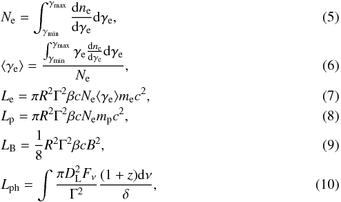 \begin{eqnarray} &&N_{\rm e}=\int_{\gamma_{\rm min}}^{\gamma_{\rm max}} \frac{{\rm d}n_{\rm e}}{{\rm d}\gamma_{\rm e}} {\rm d}\gamma_{\rm e}, \label{eq:electron_number}\\ &&\langle \gamma_{\rm e} \rangle = \frac{\int_{\gamma_{\rm min}}^{\gamma_{\rm max}} \gamma_{\rm e}\frac{{\rm d}n_{\rm e}} {{\rm d}\gamma_{\rm e}}{\rm d}\gamma_{\rm e}}{N_{\rm e}},\\ &&L_{\rm e}=\pi R^2 \Gamma^2 \beta c N_{\rm e} \langle \gamma_{\rm e} \rangle m_{\rm e} c^2,\\ &&L_{\rm p}=\pi R^2 \Gamma^2 \beta c N_{\rm e} m_{\rm p} c^2,\\ &&L_{\rm B}=\frac{1}{8} R^2 \Gamma^2 \beta c B^2,\\ &&L_{\rm ph}=\int \frac{\pi D_{\rm L}^2 F_{\rm \nu}}{\Gamma^2} \frac{(1+z){\rm d}\nu}{\delta}, \label{eq:photon_luminosity} \end{eqnarray}