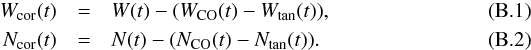 \appendix \setcounter{section}{2} \begin{eqnarray} W_{\rm cor}(t) &=& W(t) - (W_{\rm CO}(t) - W_{\rm tan}(t)), \label{eq:W_cor}\\ N_{\rm cor}(t) &=& N(t) - (N_{\rm CO}(t) - N_{\rm tan}(t)). \label{eq:N_cor} \end{eqnarray}