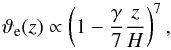 \begin{equation} \vartheta_\mrm{e}(z) \propto \left(1 - \frac{\gamma}{7}\frac{z}{H}\right)^7, \label{eq:theta_e2} \end{equation}