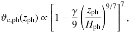 \begin{equation} \vartheta_\mrm{e,ph}(z_\mrm{ph}) \propto \left[1 - \frac{\gamma}{9}\left(\frac{z_\mrm{ph}}{H_\mrm{ph}}\right)^{9/7}\right]^7, \label{eq:theta_e3} \end{equation}