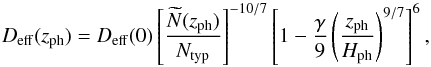 \begin{equation} D_{\rm eff}(z_\mrm{ph}) = D_{\rm eff}(0) \left[\frac{\widetilde{N}(z_\mrm{ph})}{N_\mrm{typ}}\right]^{-10/7} \left[1 - \frac{\gamma}{9}\left(\frac{z_\mrm{ph}}{H_\mrm{ph}}\right)^{9/7}\right]^6, \label{eq:D} \end{equation}