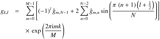 \appendix \setcounter{section}{1} \begin{eqnarray} g_{k,l} &=& \sum_{m=0}^{M-1} \left[(-1)^l\, \hat{g}_{m,N-1} + 2\sum_{n=0}^{N-2} \hat{g}_{m,n} \sin\left(\frac{\pi\, \left(n + 1\right) \left(l + \frac{1}{2}\right)}{N}\right)\right]\notag \\ &&\times \,\exp\left(\frac{2\pi {\rm i} m k}{M}\right) \label{eq:transform4} \end{eqnarray}
