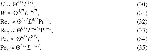 \begin{eqnarray} &&U \approx \Theta^{4/7} L^{1/7}, \label{eq:oom_u} \\ &&W \approx \Theta^{5/7} L^{-4/7}, \label{eq:oom_w} \\ &&\mrm{Re}_x \approx \Theta^{4/7} L^{8/7} \mrm{Pr}^{-1}, \label{eq:oom_rex} \\ &&\mrm{Re}_z \approx \Theta^{6/7} L^{-2/7} \mrm{Pr}^{-1}, \label{eq:oom_rez} \\ &&\mrm{Pe}_x \approx \Theta^{4/7} L^{8/7}, \label{eq:oom_pex} \\ &&\mrm{Pe}_z \approx \Theta^{6/7} L^{-2/7}. \label{eq:oom_pez} \end{eqnarray}